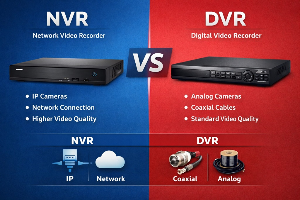 Comparison graphic showing the differences between an NVR and a DVR, including camera type, connection method, cabling, and typical video quality.