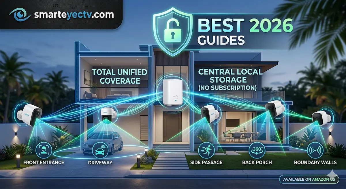 Ultimate guide to wireless multi-camera security kits for whole-home coverage in 2026, featuring Eufy, Reolink, and Blink models, DIY home security. Título en WordPress: Multi-Camera Security Kits Guide 2026