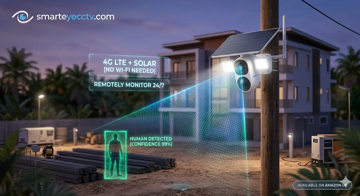 4G LTE solar-powered security camera monitoring a construction site with human detection AI, 2026 guide for off-grid surveillance