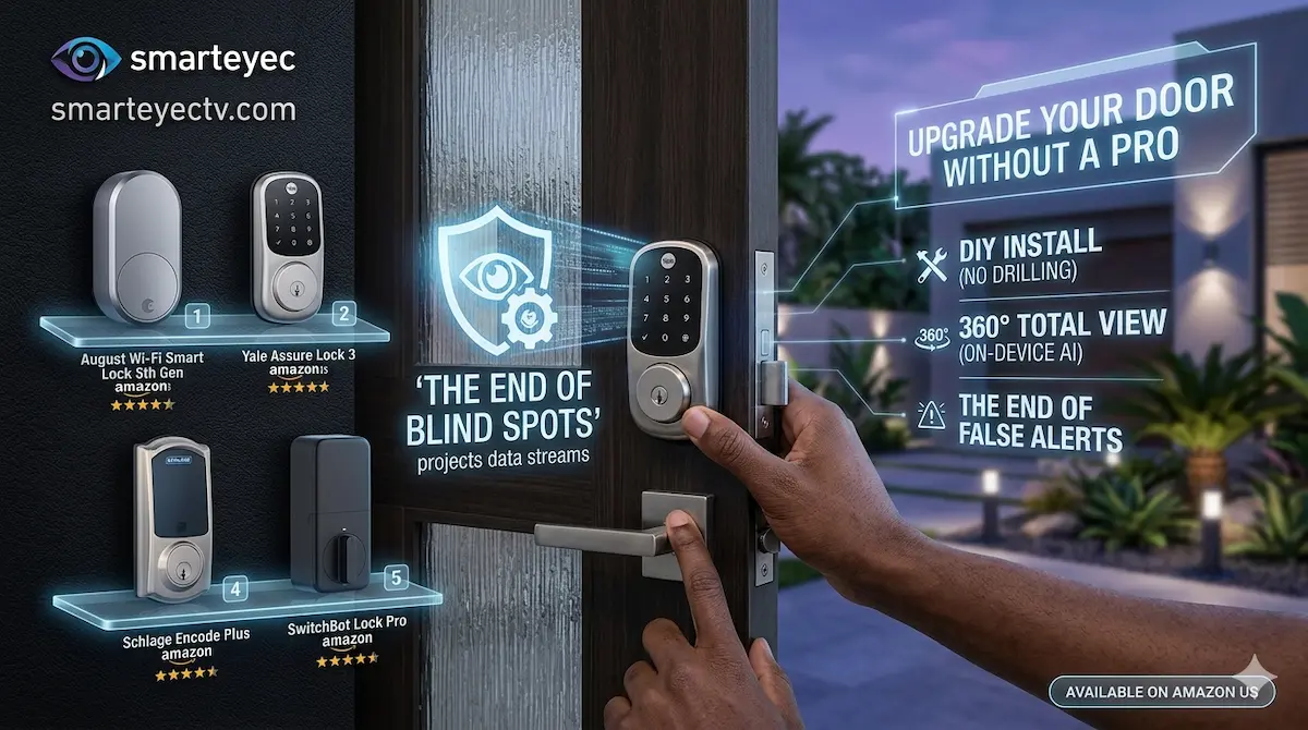 Close-up of a DIY smart lock installation by a black hand on a modern front door, 2026 guide for five best locks