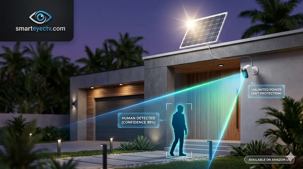 Close-up of a high-efficiency solar panel connected to a wireless security camera on a modern house, 2026 guide for unlimited power