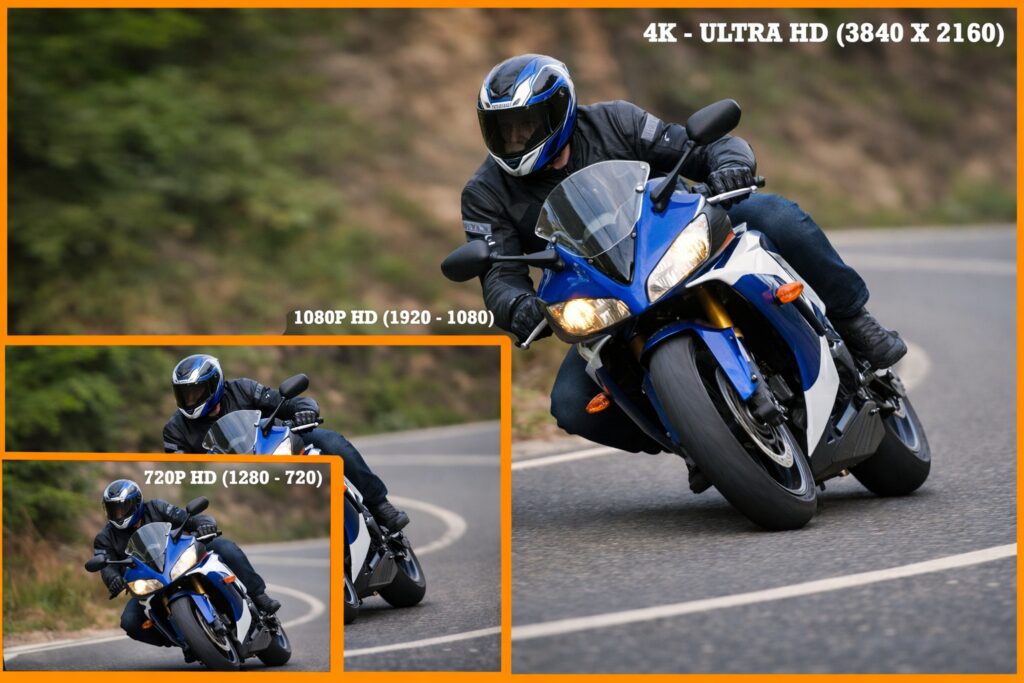 CCTV resolution comparison chart showing 720p, 1080p, and 4K UHD identification detail for security cameras.