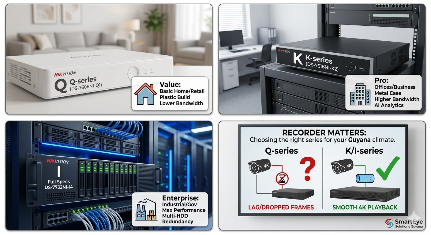 Hikvision NVR Series Comparison Guide by SmartEye Solutions Guyana: Visual breakdown of Q-Series (Value), K-Series (Professional), and I-Series (Enterprise) recorders, highlighting 4K bandwidth performance and Seagate SkyHawk storage compatibility