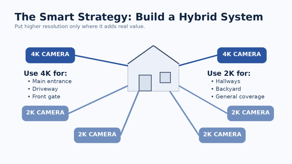 Comparison of 2K and 4K security cameras showing when each resolution makes sense in a professionally designed CCTV system.