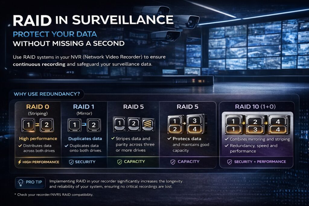 RAID 1, RAID 5, and RAID 6 redundancy configuration diagrams for industrial CCTV data protection