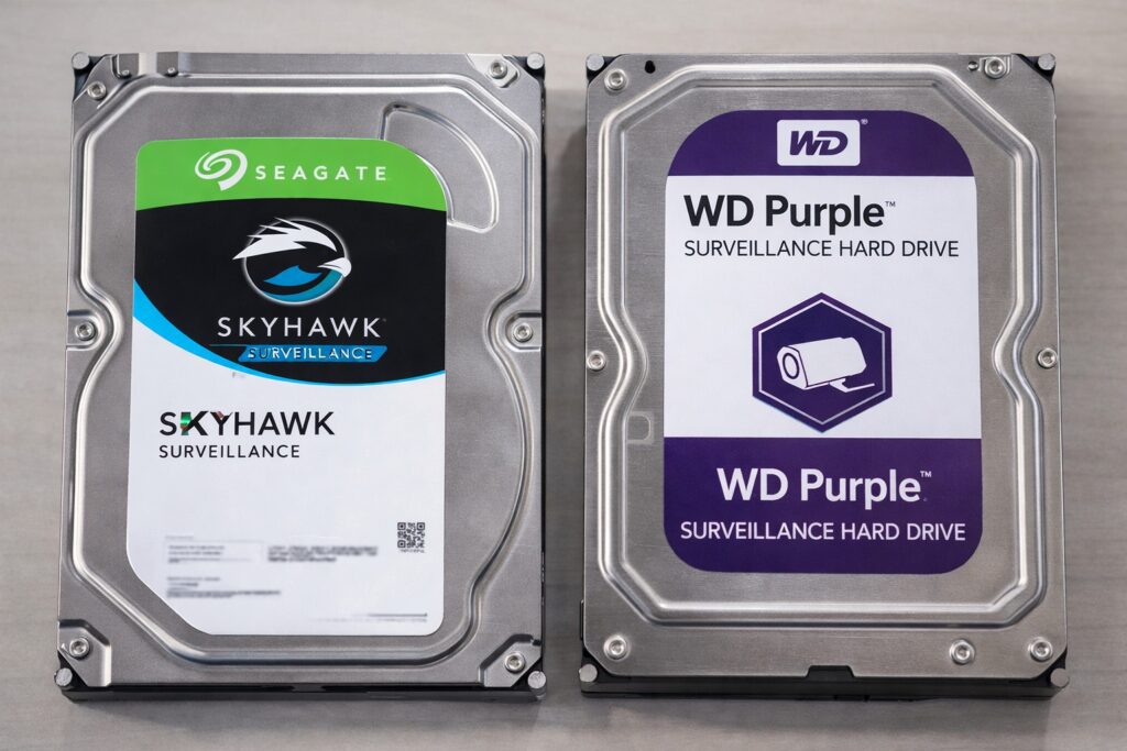 Visual comparison between surveillance-grade hard drives like WD Purple and standard desktop HDDs for 24/7 recording